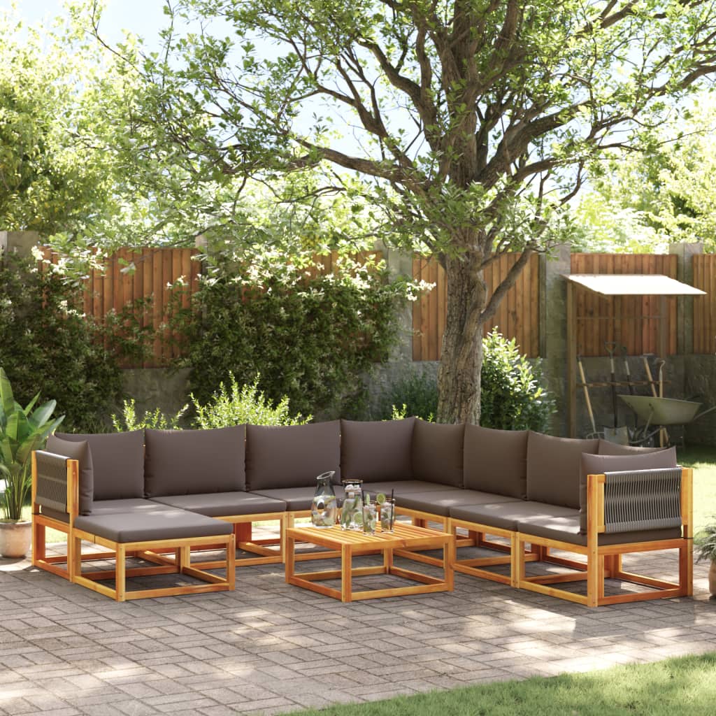 Conjunto de sofás de jardim de 9 peças com almofadas de madeira de acácia e corda