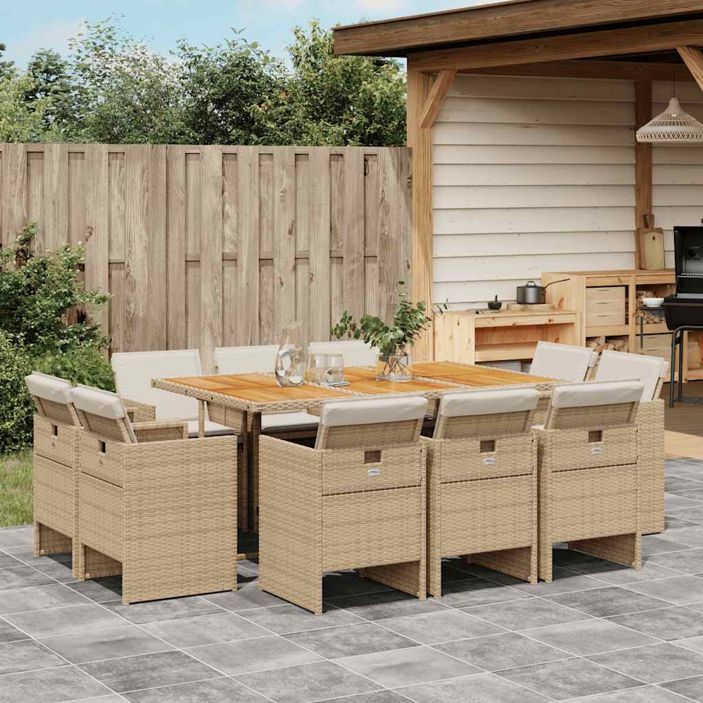 11 Pcs conjunto de jantar p/ jardim com almofadões vime PE bege