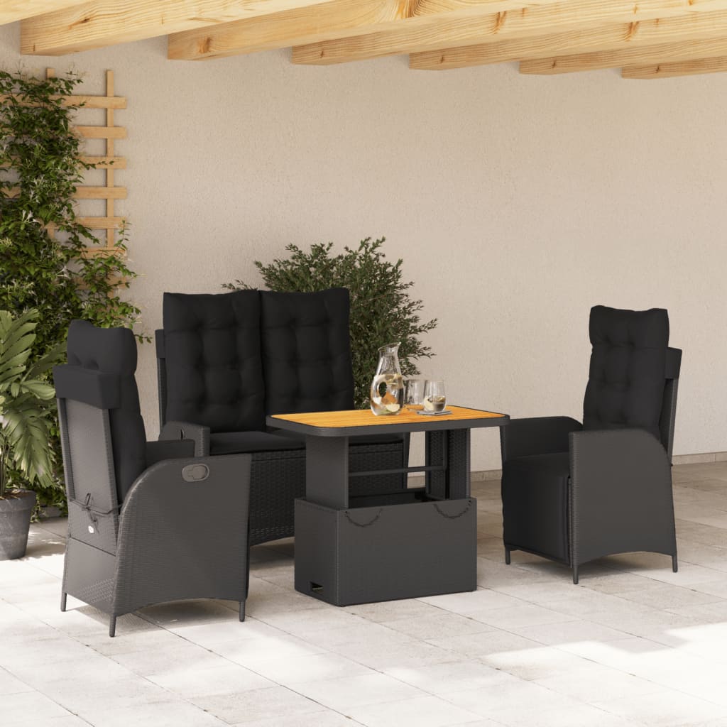 4 Pcs conjunto de jardim p/ jardim c/ almofadões vime PE preto