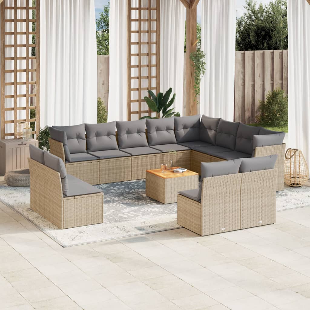 13 Pcs conjunto de sofás p/ jardim com almofadões vime PE bege