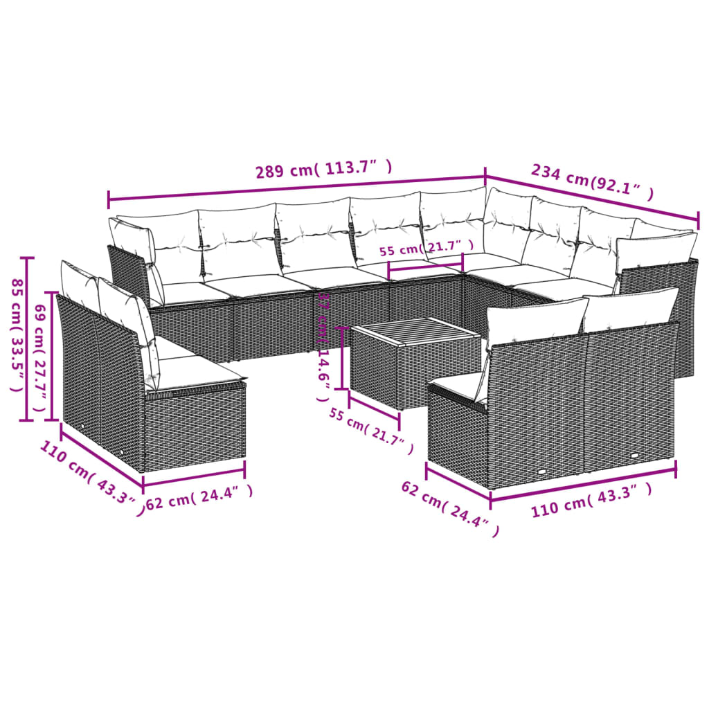 13 Pcs conjunto de sofás p/ jardim com almofadões vime PE bege