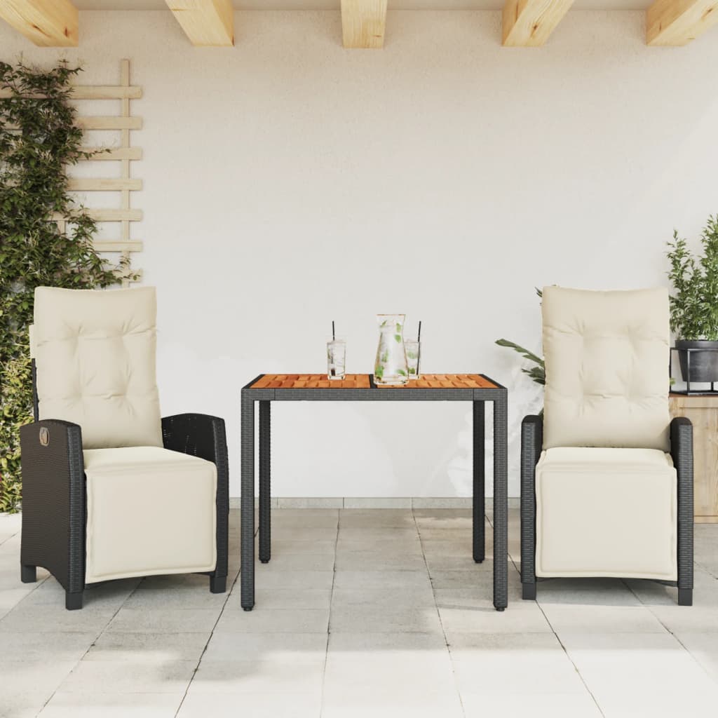 3 Pcs conjunto de jantar p/ jardim c/ almofadões vime PE preto