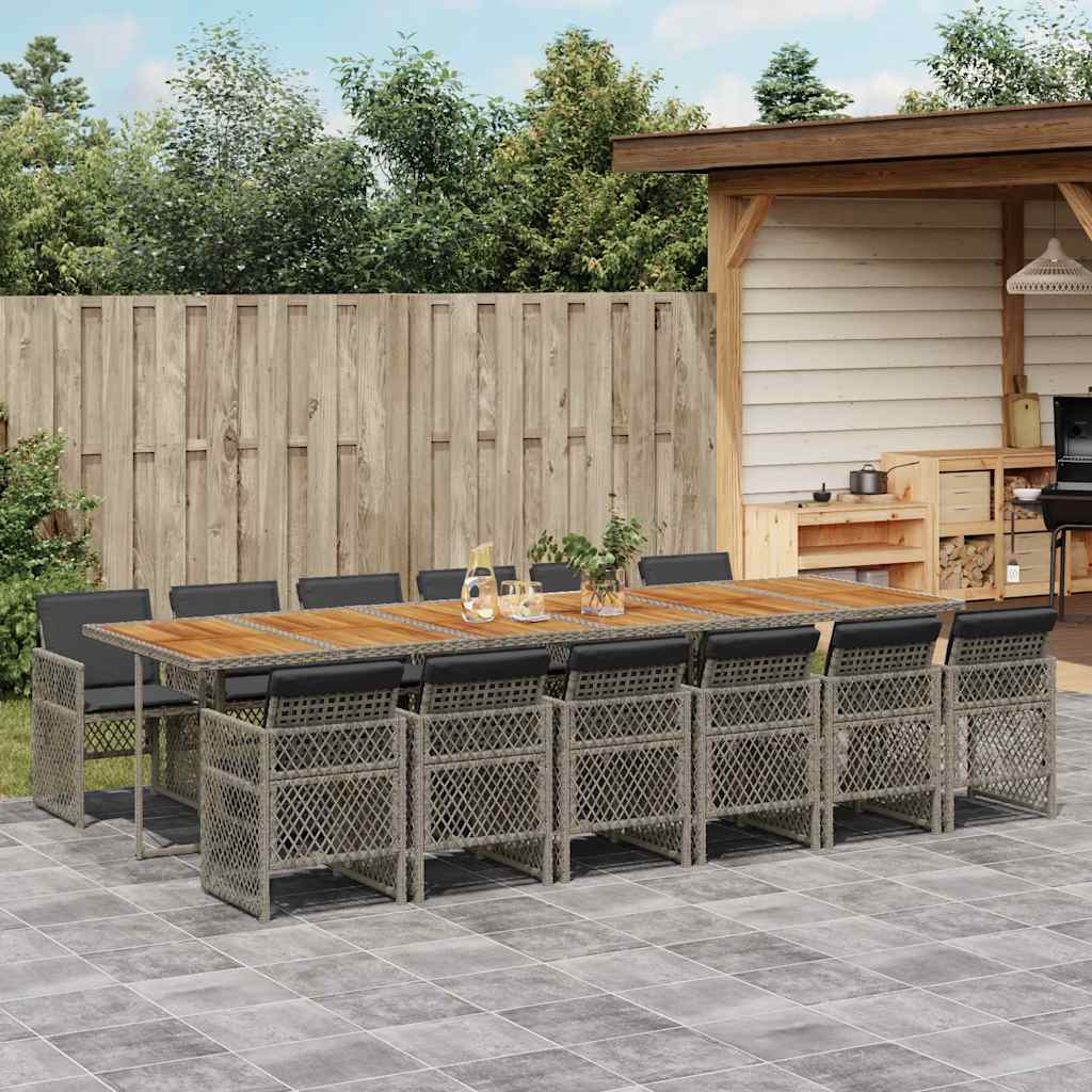 13 Pcs conjunto jantar p/ jardim c/ almofadões vime PE cinzento