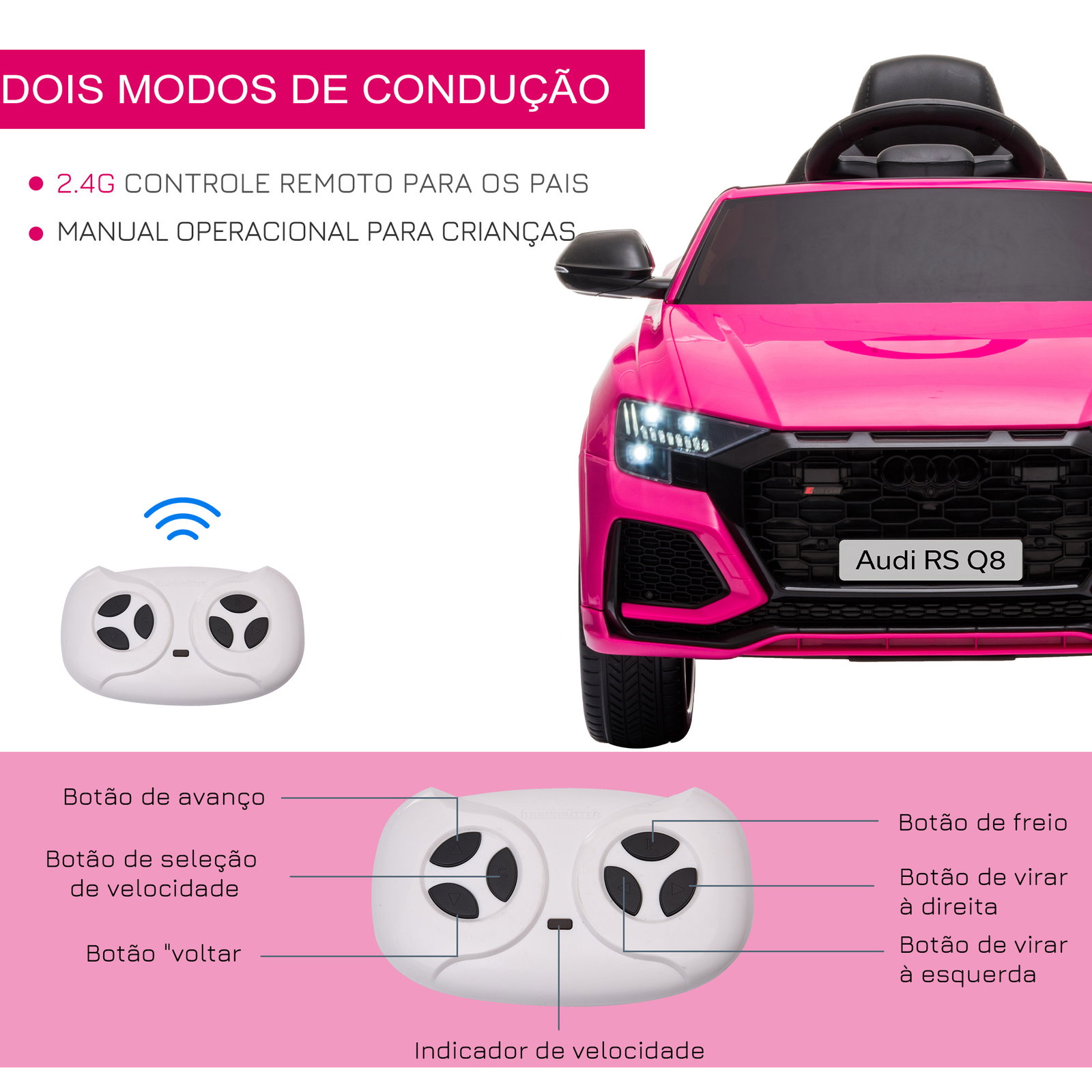 Carro Elétrico Infantil para 3-5 anos Licença Audi RS Q8 com Bateria 6V Controle a Distância Música MP3 Buzina e Luzes Velocidad