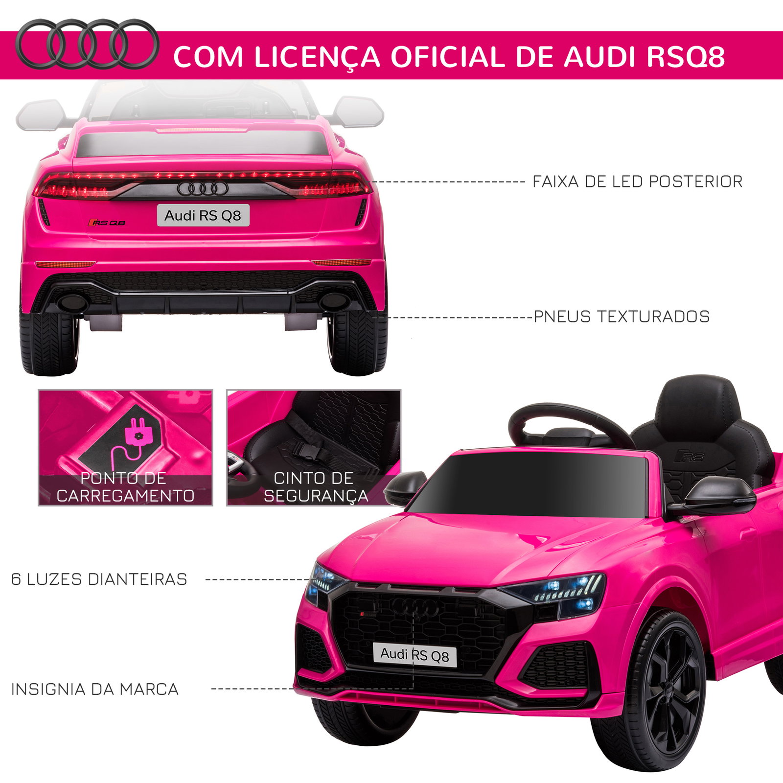 Carro Elétrico Infantil para 3-5 anos Licença Audi RS Q8 com Bateria 6V Controle a Distância Música MP3 Buzina e Luzes Velocidad