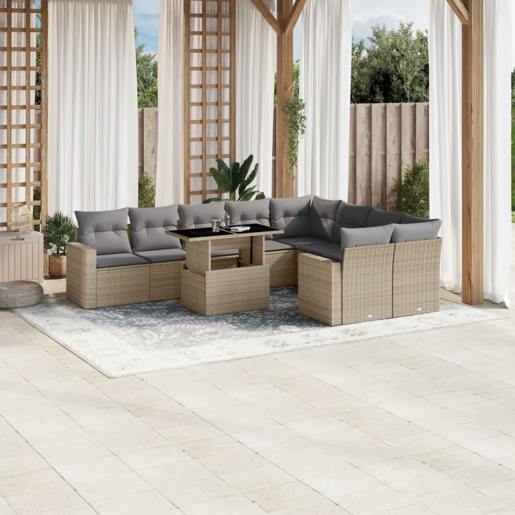 10 Pcs conjunto de sofás p/ jardim com almofadões vime PE bege