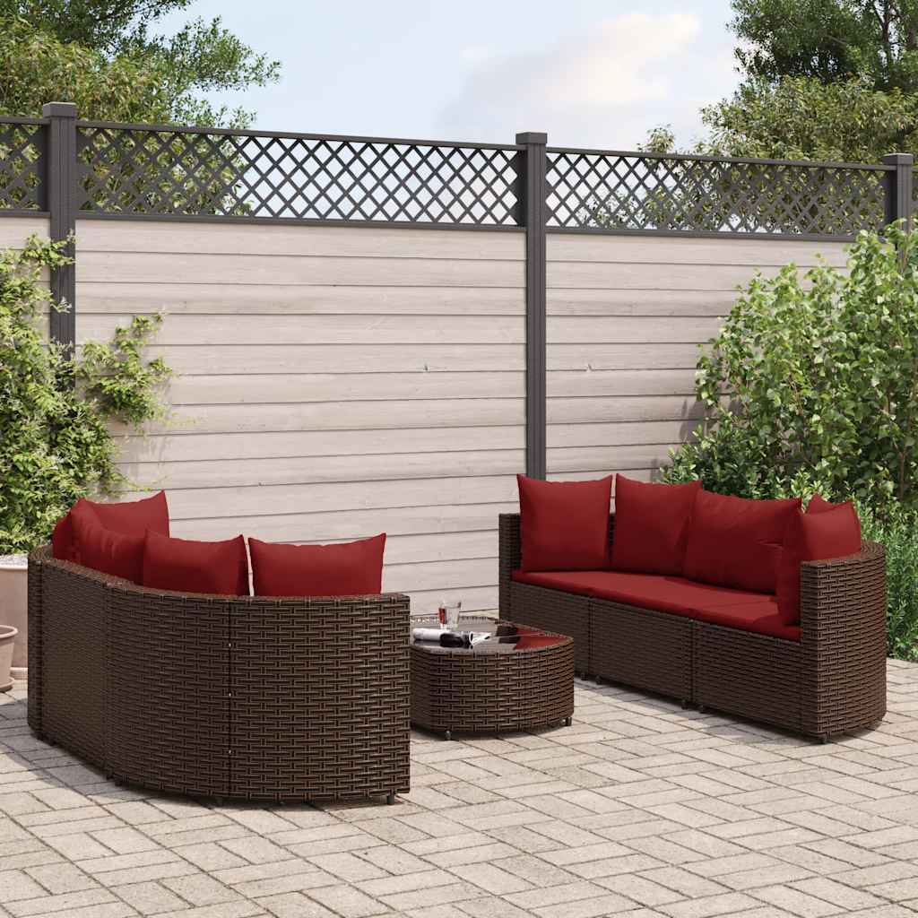 7 Pcs conjunto de sofás jardim c/ almofadões vime PE castanho