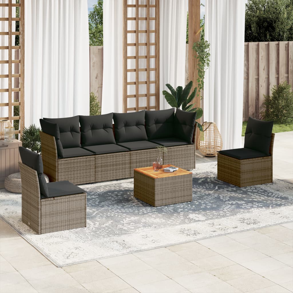 7 Pcs conjunto sofás p/ jardim c/ almofadões vime PE cinzento