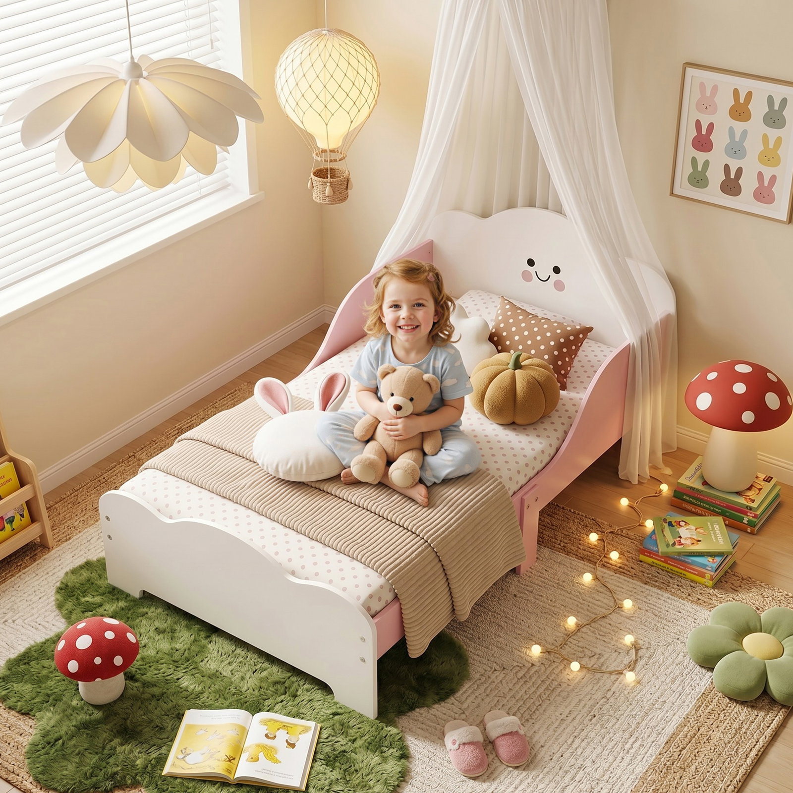 Cama infantil 70x140 cm montessori com grades altas tema algodão-doce para crianças de 3 a 6 anos rosa