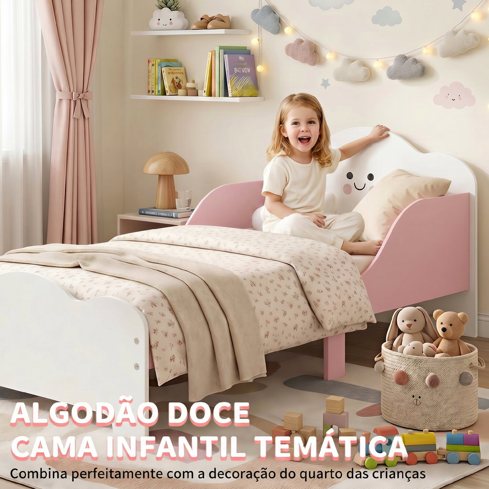 Cama infantil 70x140 cm montessori com grades altas tema algodão-doce para crianças de 3 a 6 anos rosa