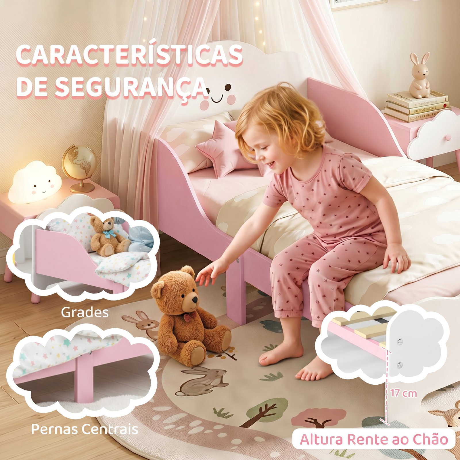Cama infantil 70x140 cm montessori com grades altas tema algodão-doce para crianças de 3 a 6 anos rosa