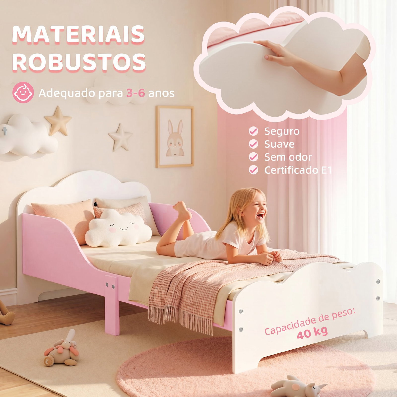 Cama infantil 70x140 cm montessori com grades altas tema algodão-doce para crianças de 3 a 6 anos rosa