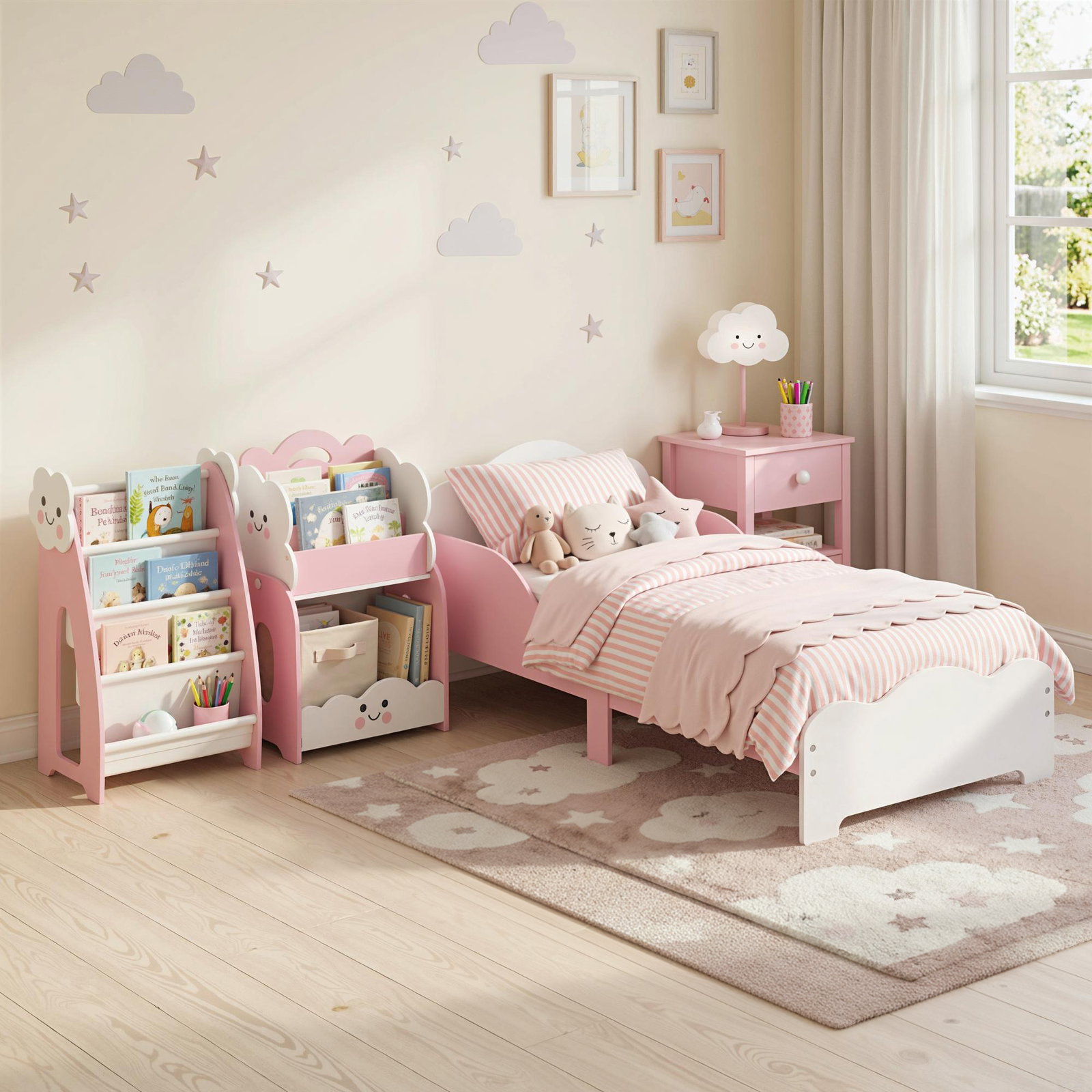 Cama infantil 70x140 cm montessori com grades altas tema algodão-doce para crianças de 3 a 6 anos rosa