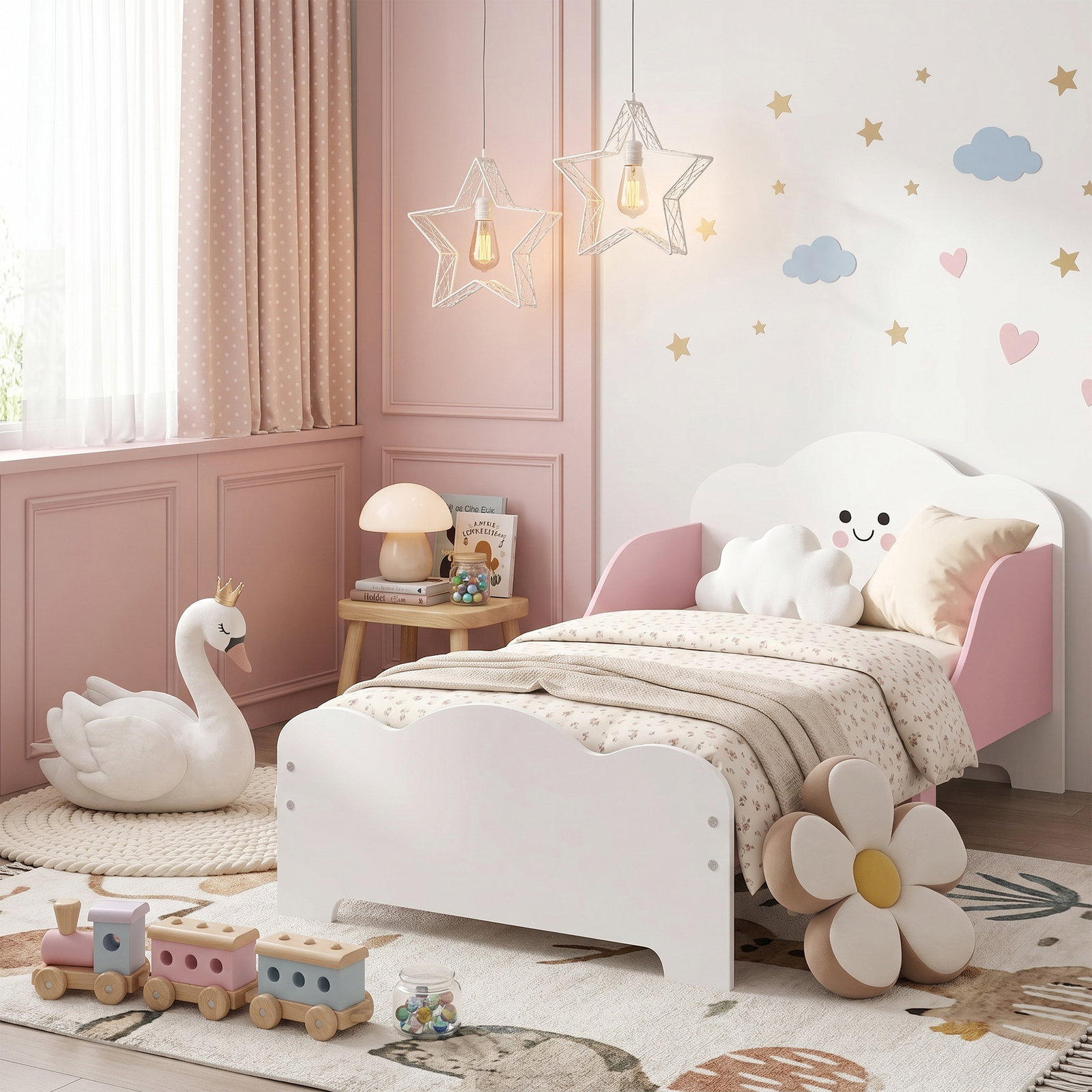 Cama infantil 70x140 cm montessori com grades altas tema algodão-doce para crianças de 3 a 6 anos rosa