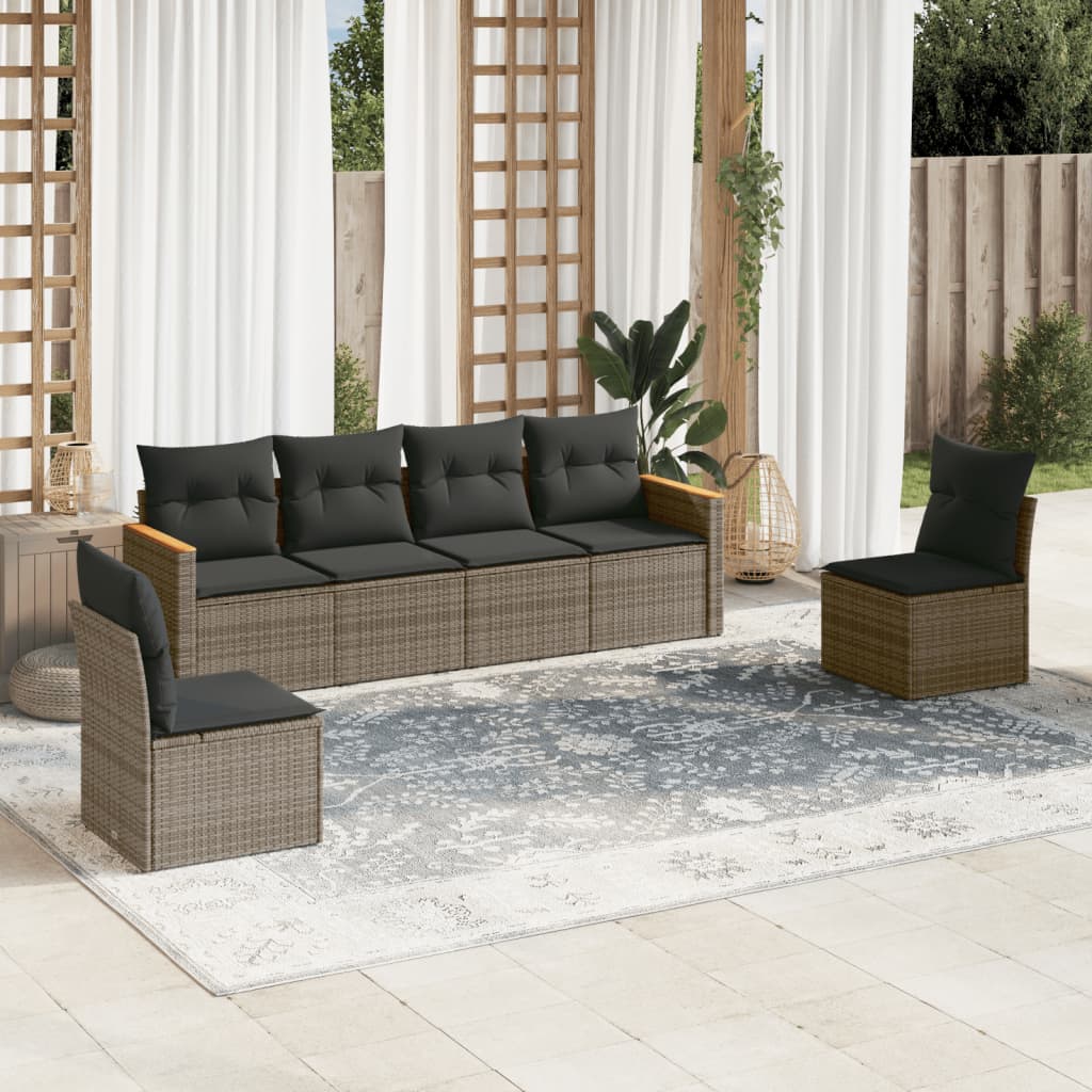 6 Pcs conjunto sofás de jardim com almofadões vime cinzento