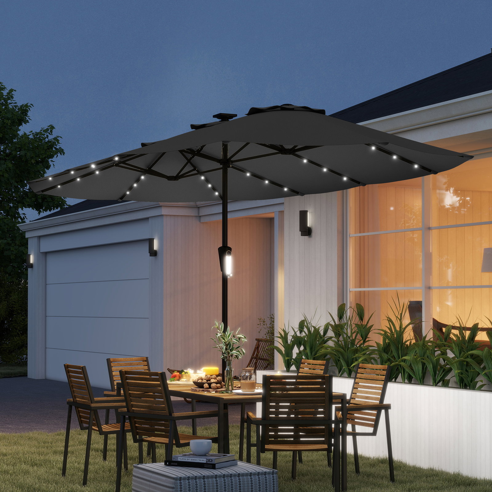 Chapéu de sol duplo com 36 luzes LED solares 4x2 m manivela upf50+ chapéu de sol para jardim cinza escuro