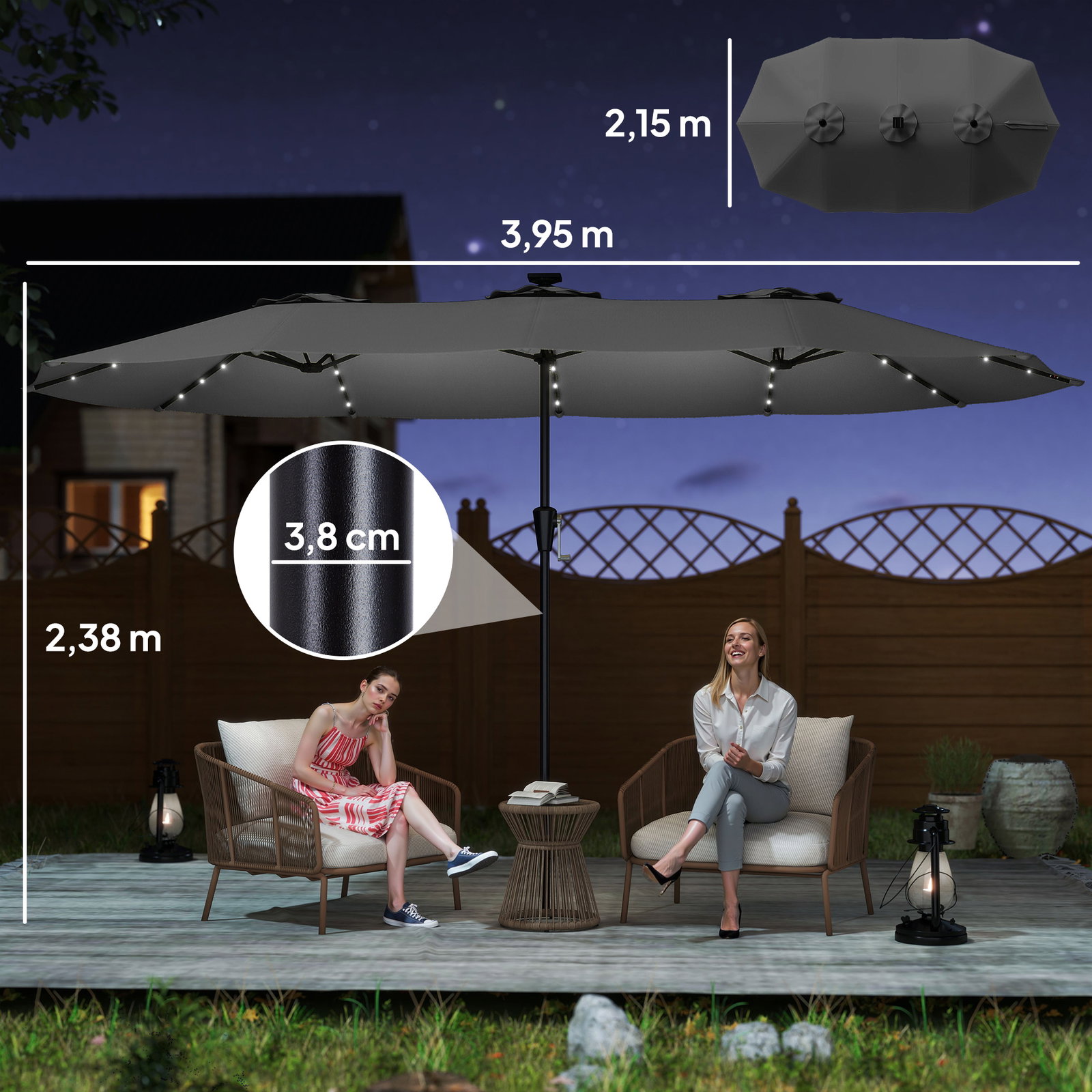Chapéu de sol duplo com 36 luzes LED solares 4x2 m manivela upf50+ chapéu de sol para jardim cinza escuro