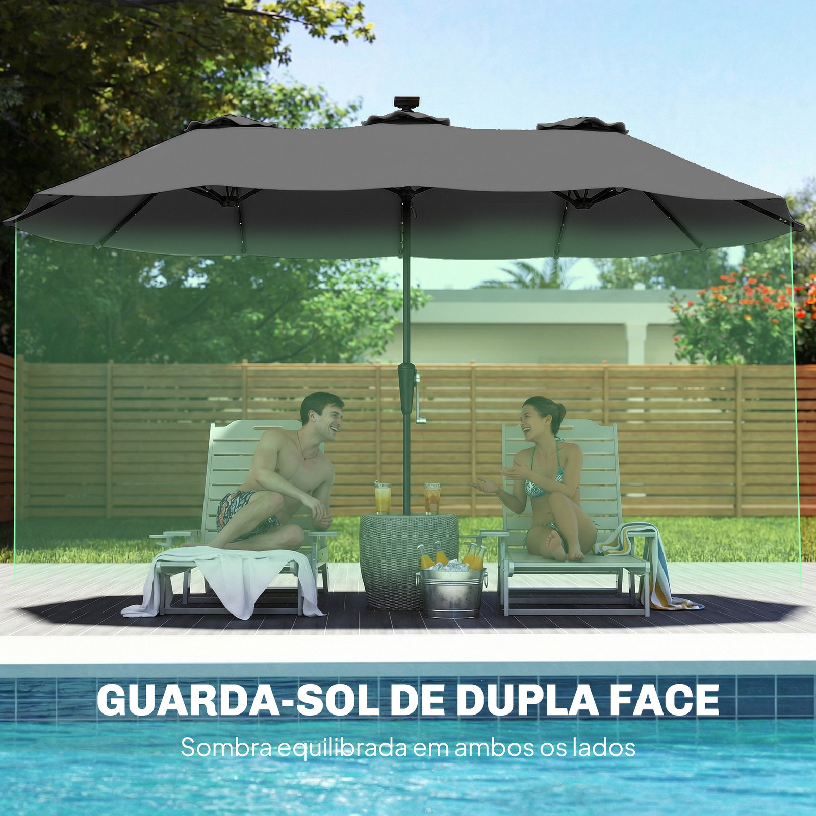 Chapéu de sol duplo com 36 luzes LED solares 4x2 m manivela upf50+ chapéu de sol para jardim cinza escuro