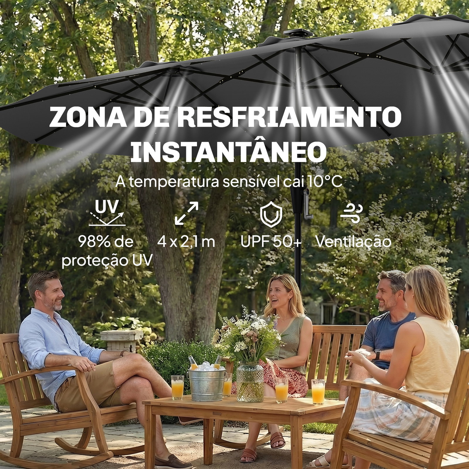 Chapéu de sol duplo com 36 luzes LED solares 4x2 m manivela upf50+ chapéu de sol para jardim cinza escuro