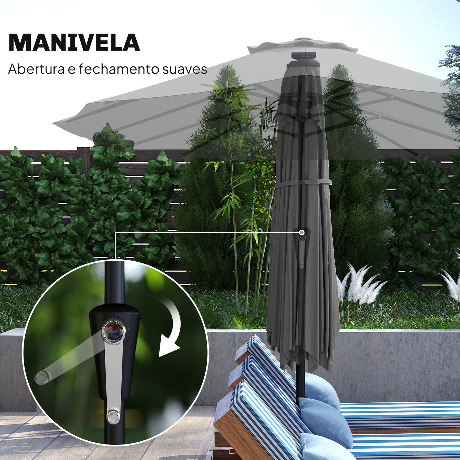Chapéu de sol duplo com 36 luzes LED solares 4x2 m manivela upf50+ chapéu de sol para jardim cinza escuro