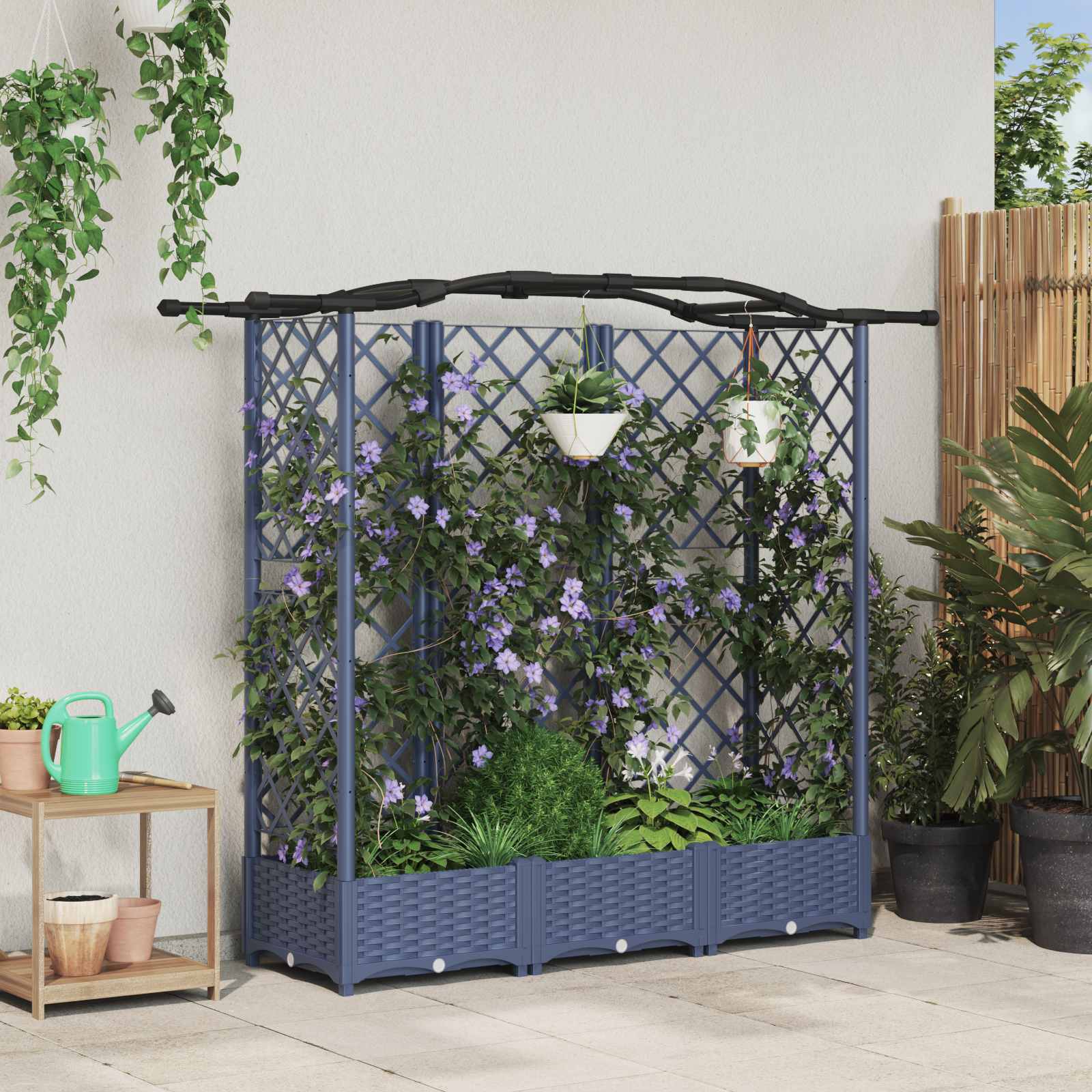 Cama elevada com treliça e telhado cinzento 163 x 40 x 123 cm