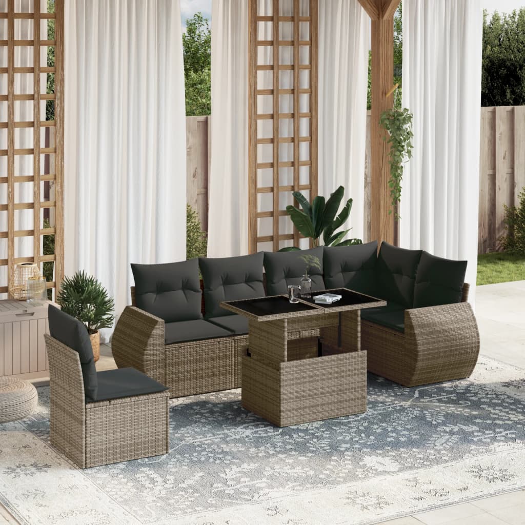 7 Pcs conjunto sofás p/ jardim c/ almofadões vime PE cinzento