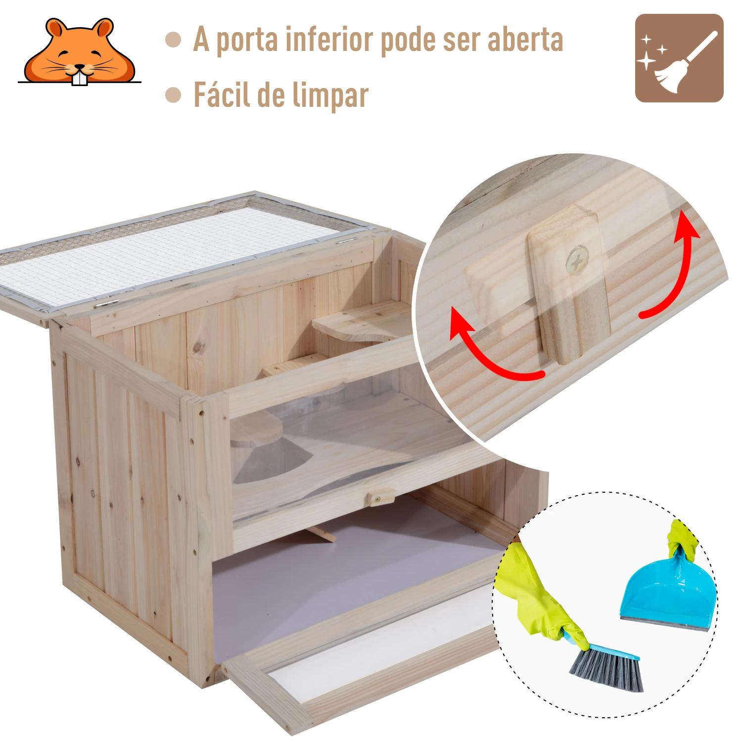 Gaiola de madeira para hamsters e outros pequenos roedores casa para animais de 2 níveis 60x35x42cm