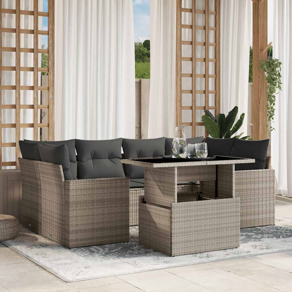 7 Pcs conj. sofás jardim com almofadões vime PE cinzento-claro