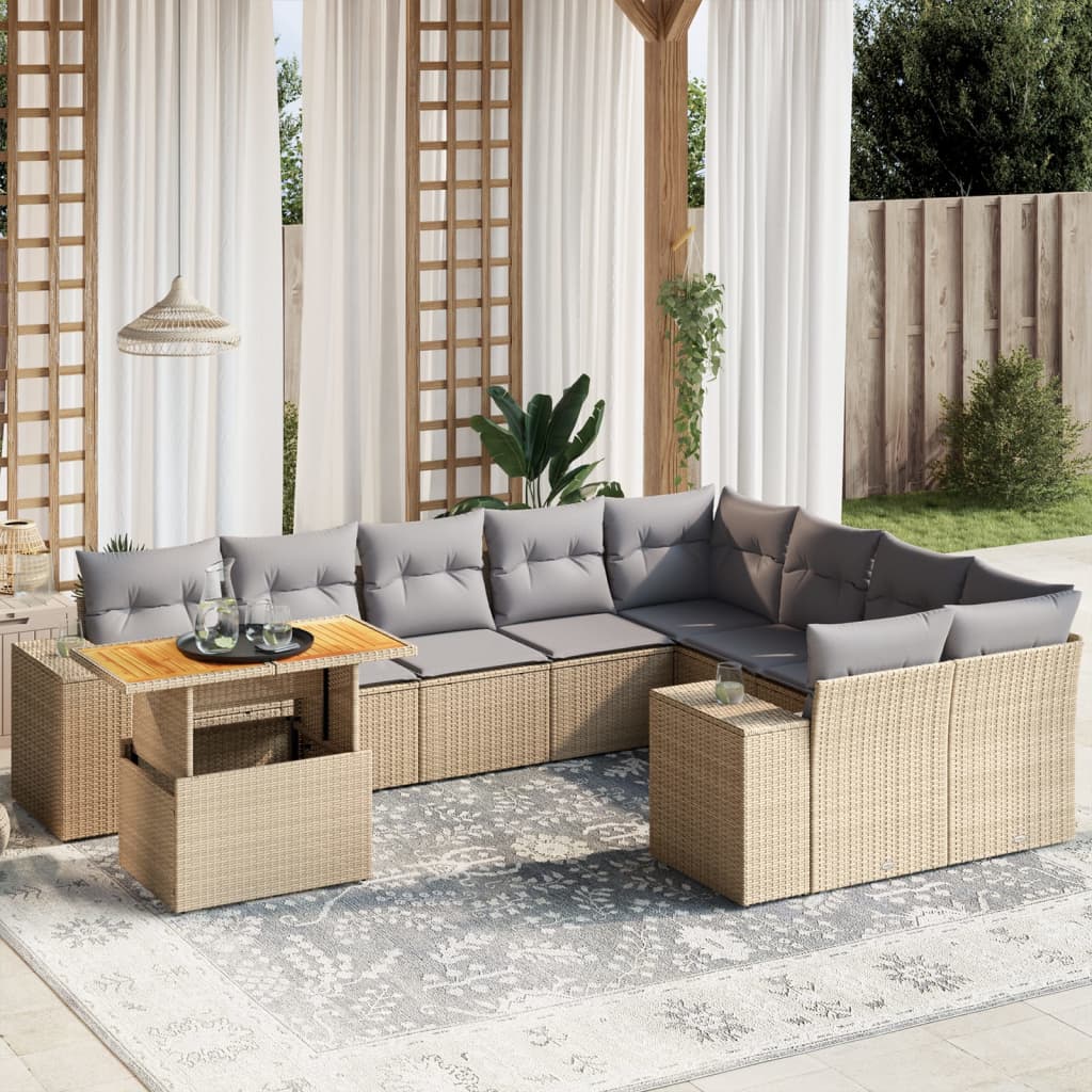 10 Pcs conjunto de sofás p/ jardim com almofadões vime PE bege