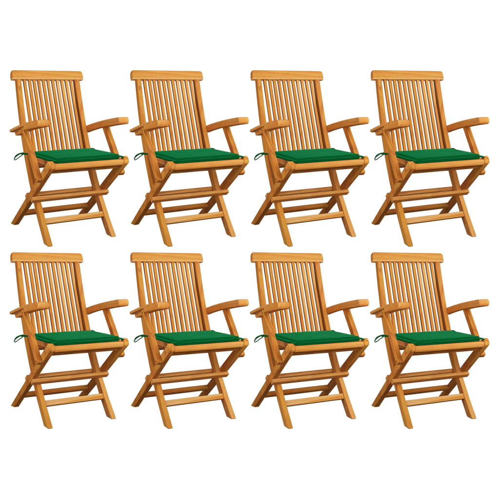 Cadeiras de jardim c/ almofadões verdes 8 pcs teca maciça