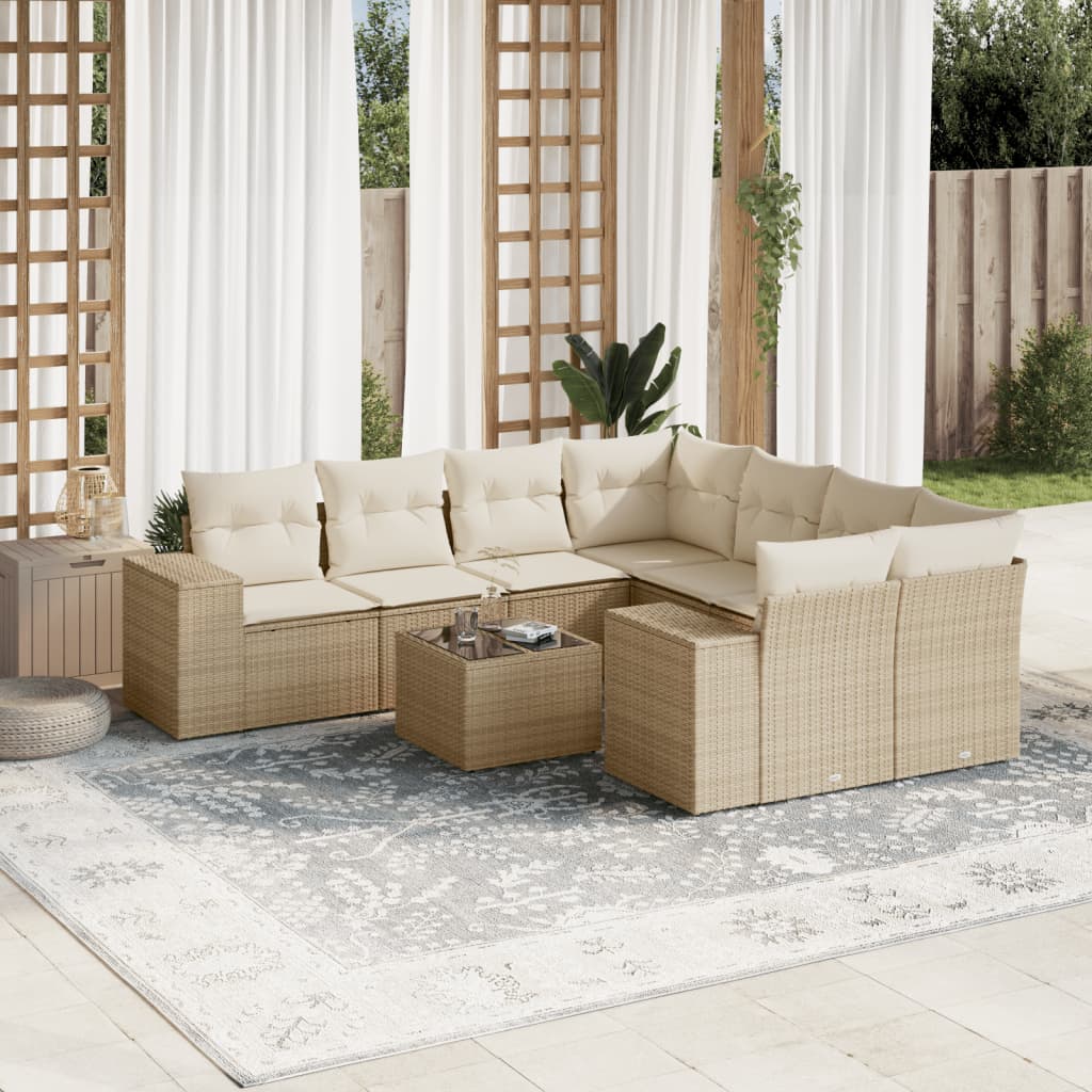 9 Pcs conjunto de sofás p/ jardim com almofadões vime PE bege