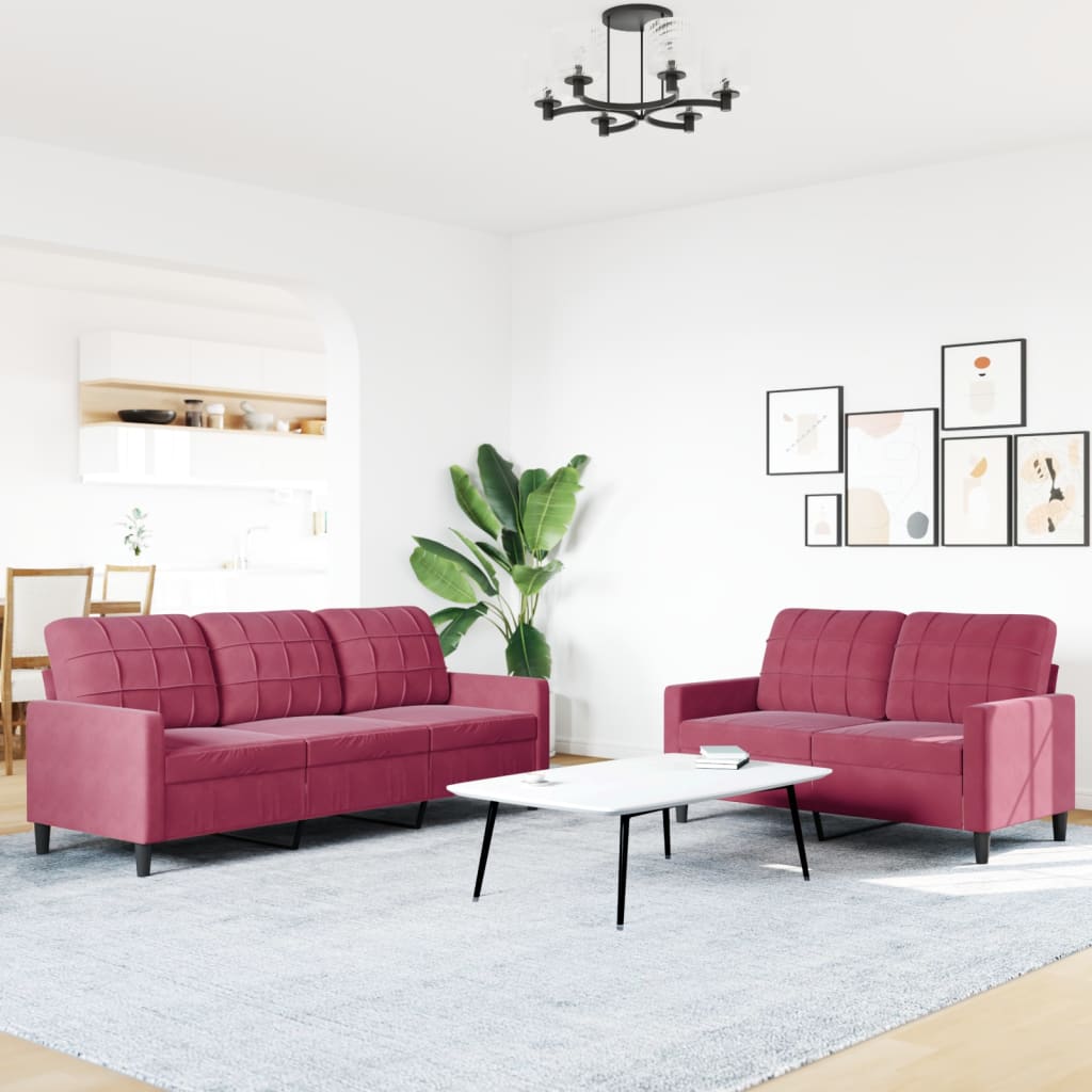 2 Pcs conjunto de sofás com almofadões veludo vermelho tinto