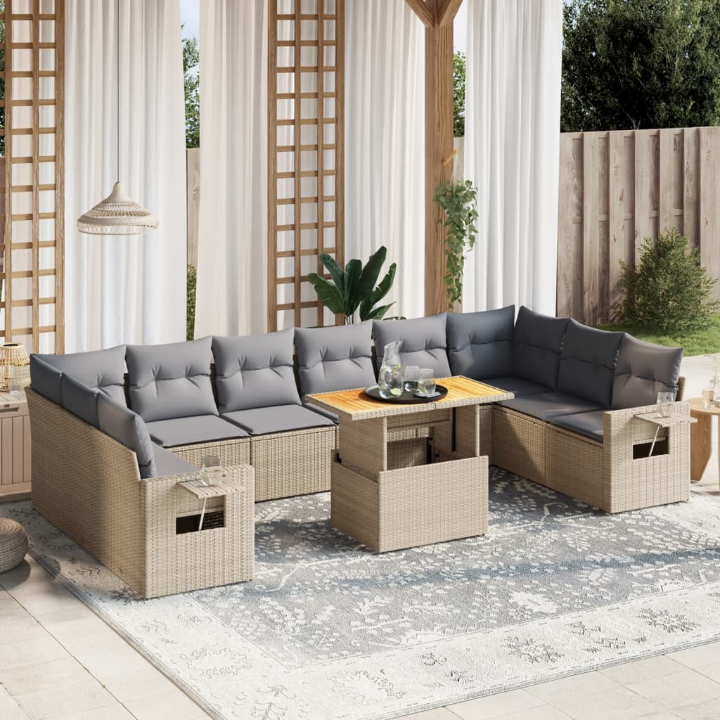 11 Pcs conjunto sofás de jardim c/ almofadões vime PE bege