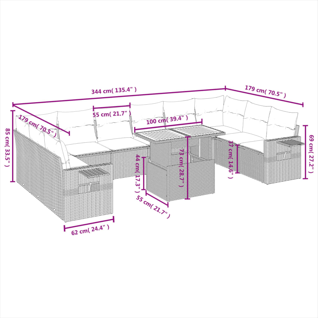 11 Pcs conjunto sofás de jardim c/ almofadões vime PE bege