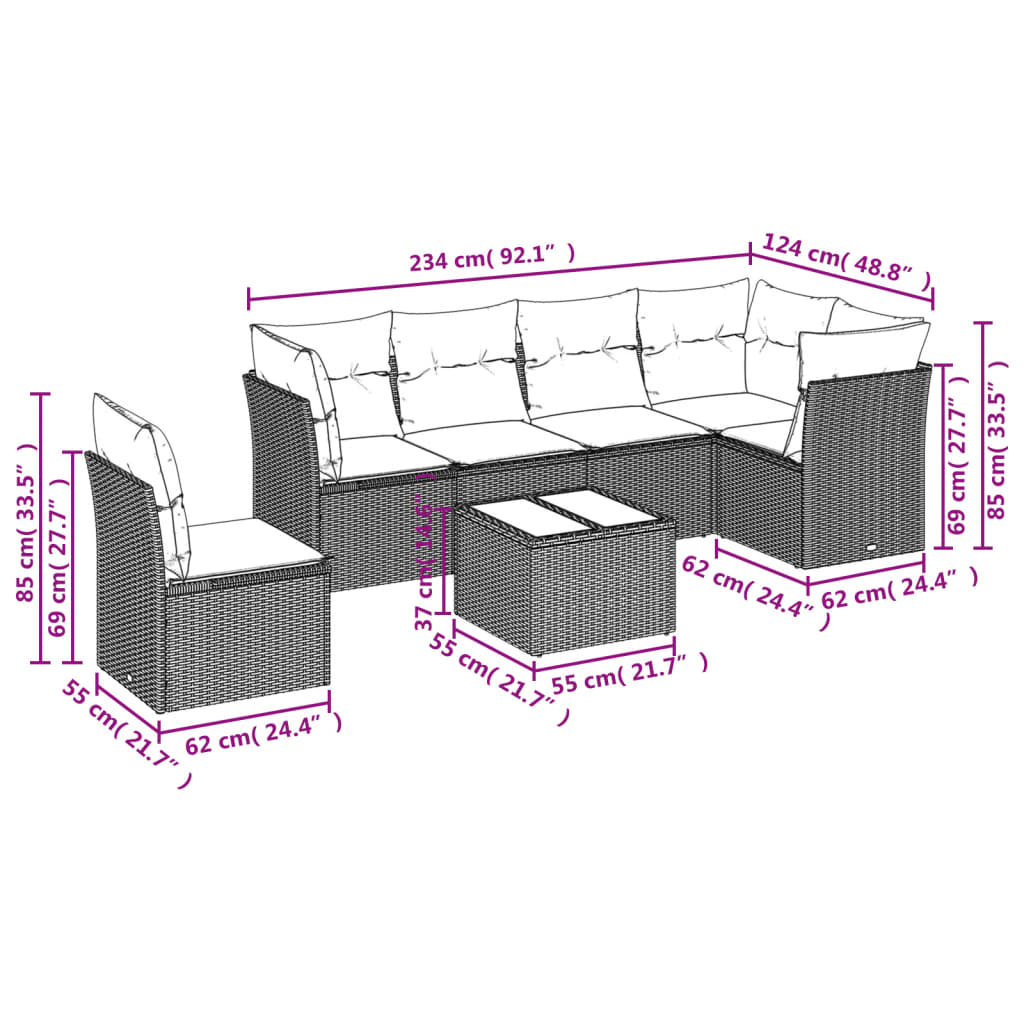7 Pcs conjunto de sofás p/ jardim com almofadões vime PE bege