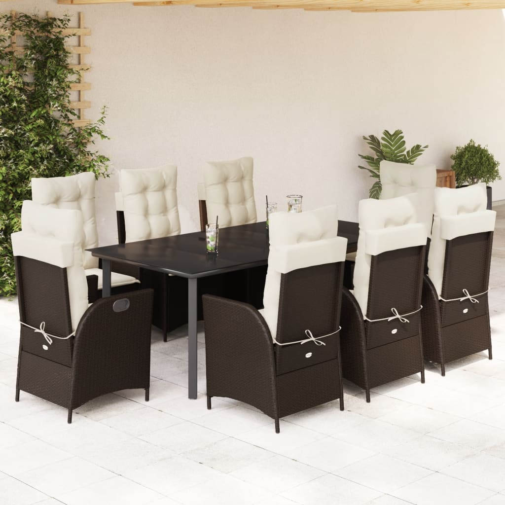 9 Pcs conjunto jantar p/ jardim c/ almofadões vime PE castanho