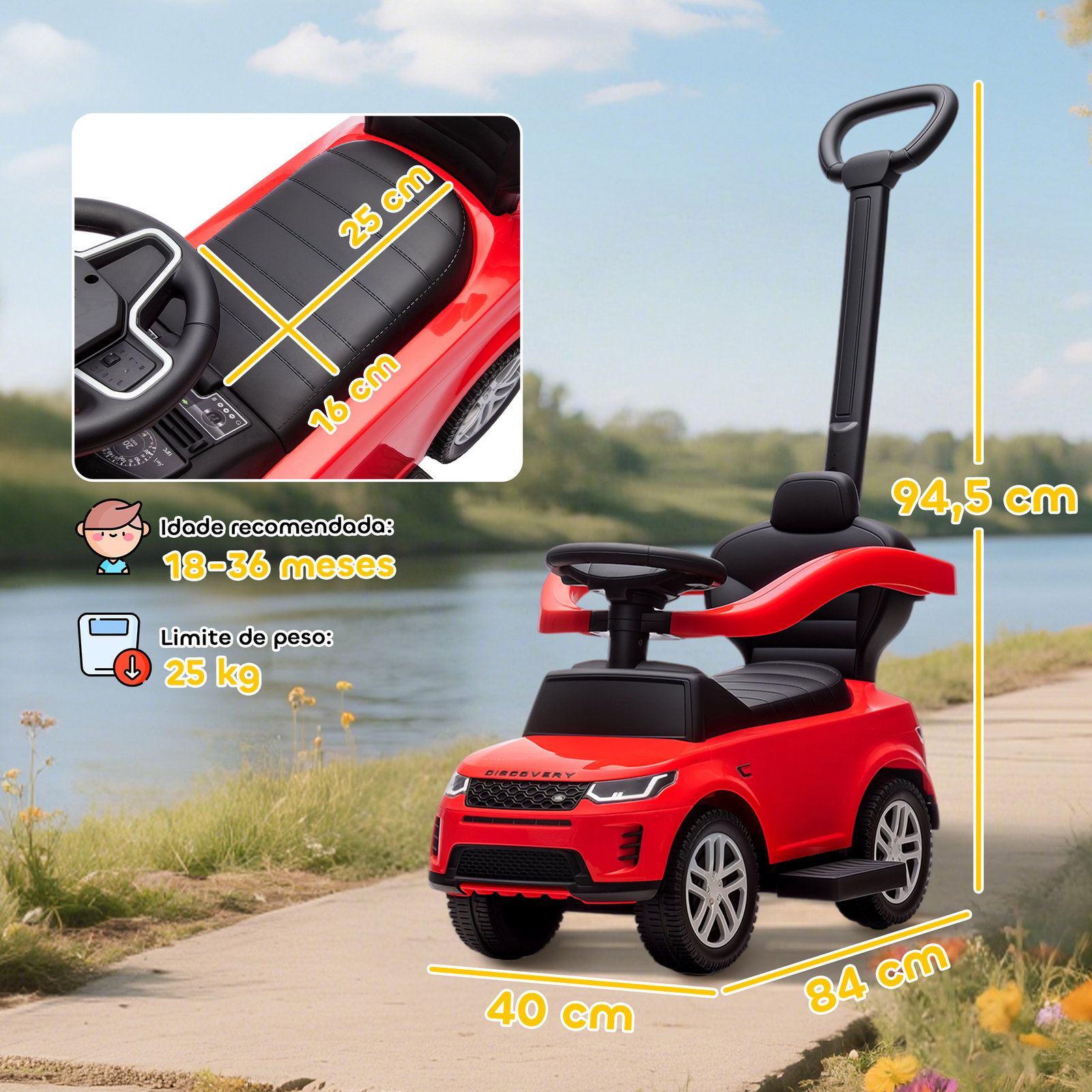 Carro andador 2 em 1 para crianças land rover discovery com buzina pega de empurrar e barra removíveis 84x40x94,5 cm vermelho