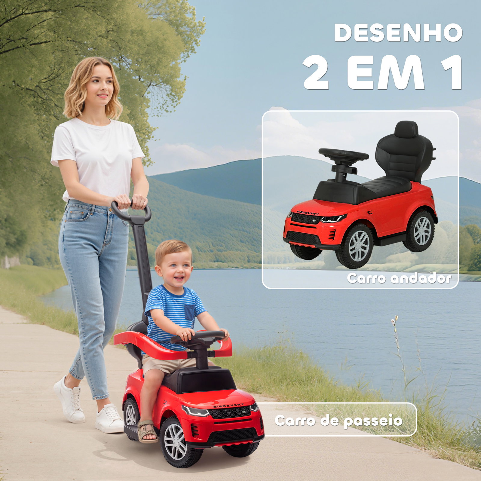 Carro andador 2 em 1 para crianças land rover discovery com buzina pega de empurrar e barra removíveis 84x40x94,5 cm vermelho