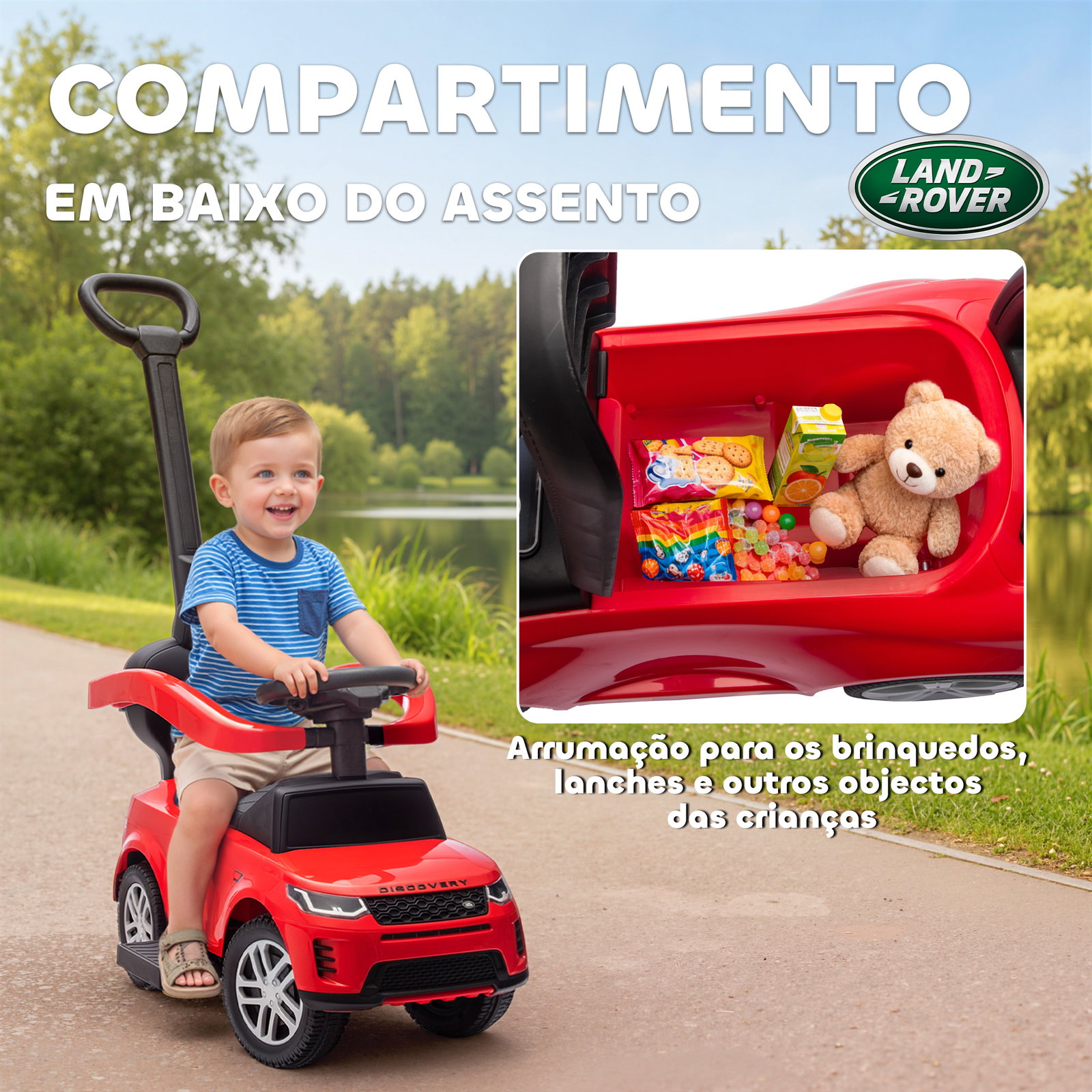 Carro andador 2 em 1 para crianças land rover discovery com buzina pega de empurrar e barra removíveis 84x40x94,5 cm vermelho