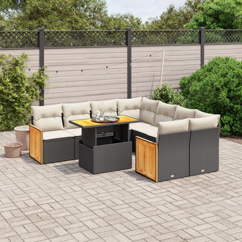 9 Pcs conjunto de sofás p/ jardim c/ almofadões vime PE preto
