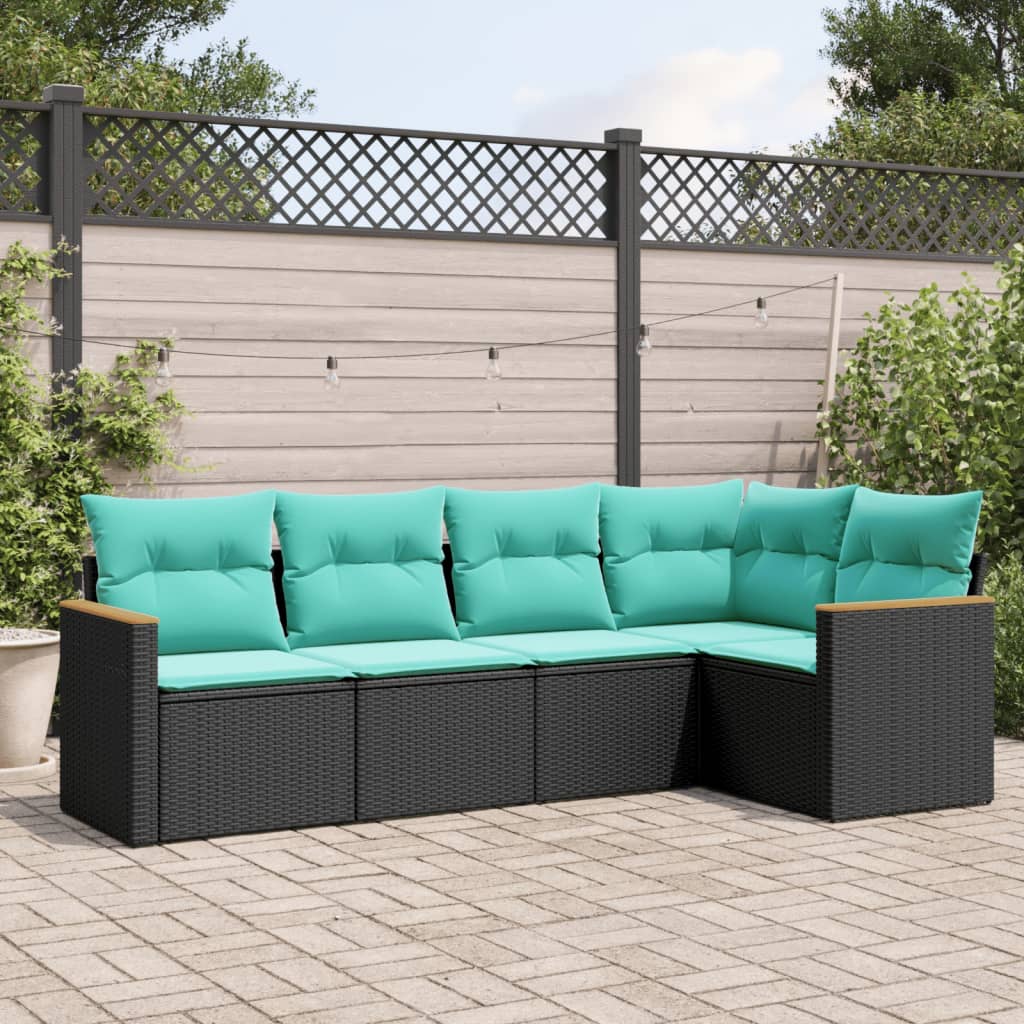 Conjunto de sofá de jardim de 5 peças com almofadas em rattan sintético preto