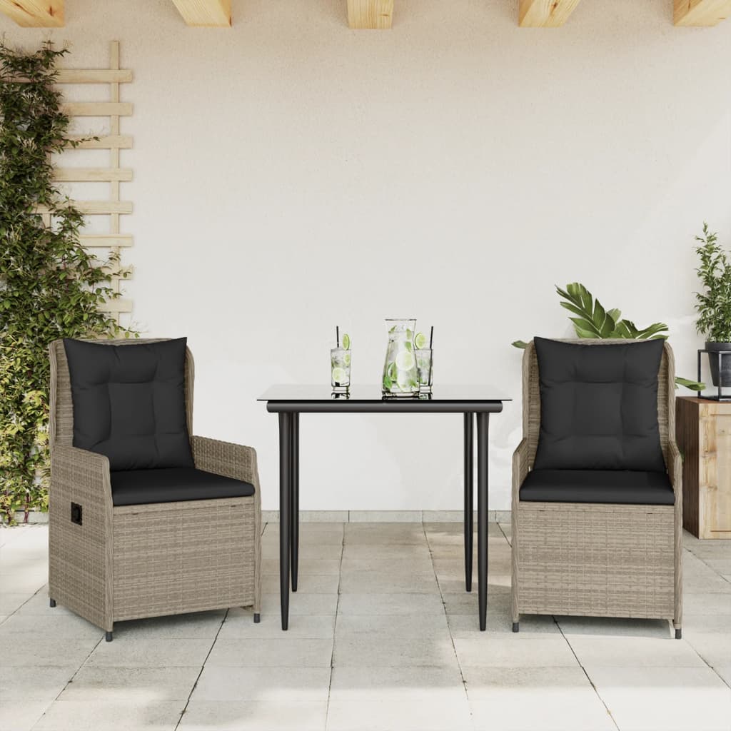 3 Pcs conjunto de jantar p/ jardim c/ almofadões cinzento claro
