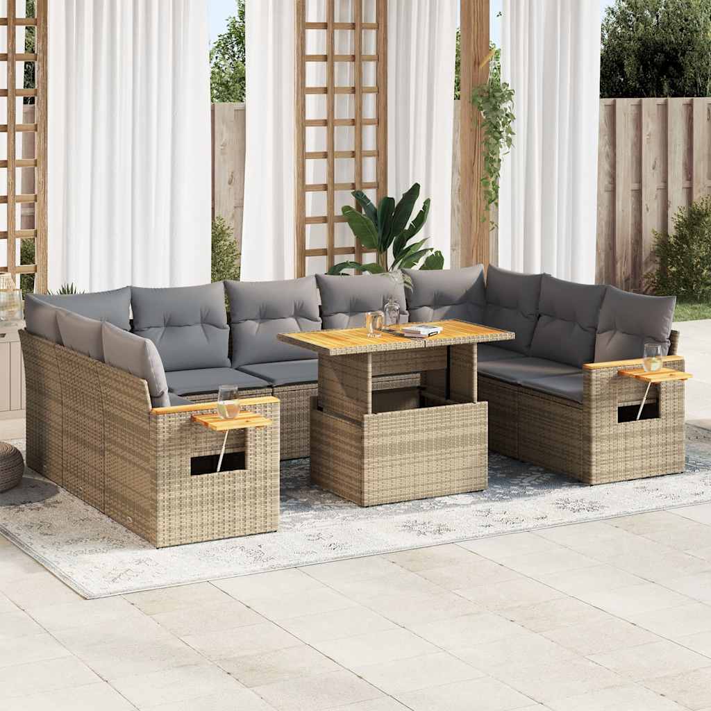 10 Pcs conj. sofás p/ jardim c/ almofadões vime PE/acácia bege
