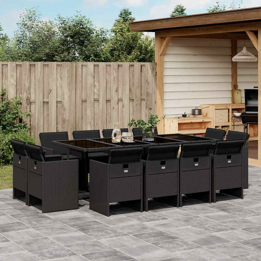 13 Pcs conjunto de jantar p/jardim com almofadões vime PE preto
