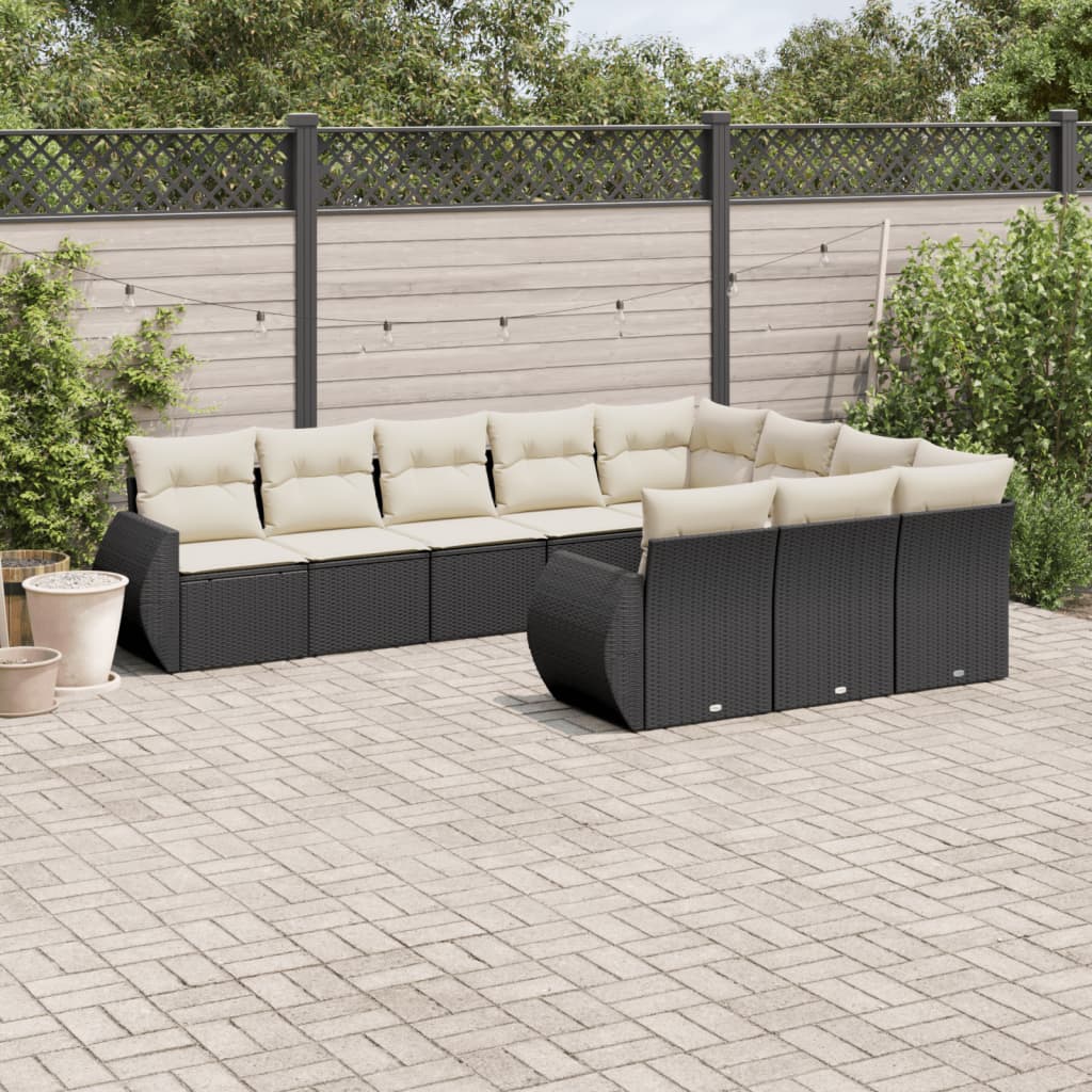 10 Pcs conjunto sofás de jardim c/ almofadões vime PE preto