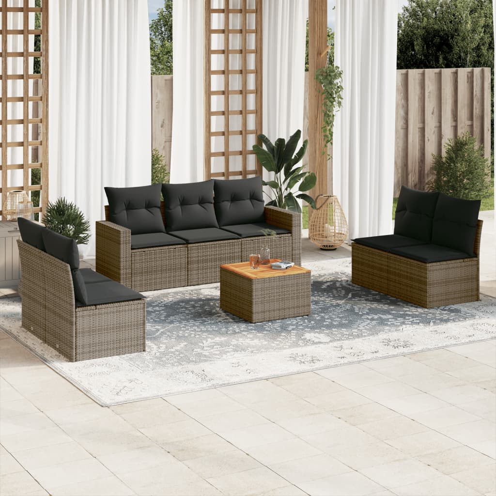 8 Pcs conjunto sofás de jardim c/ almofadões vime PE cinzento