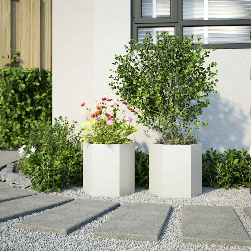 Vasos floreiras de jardim 2 pcs hexagonal 46x40x45cm aço branco