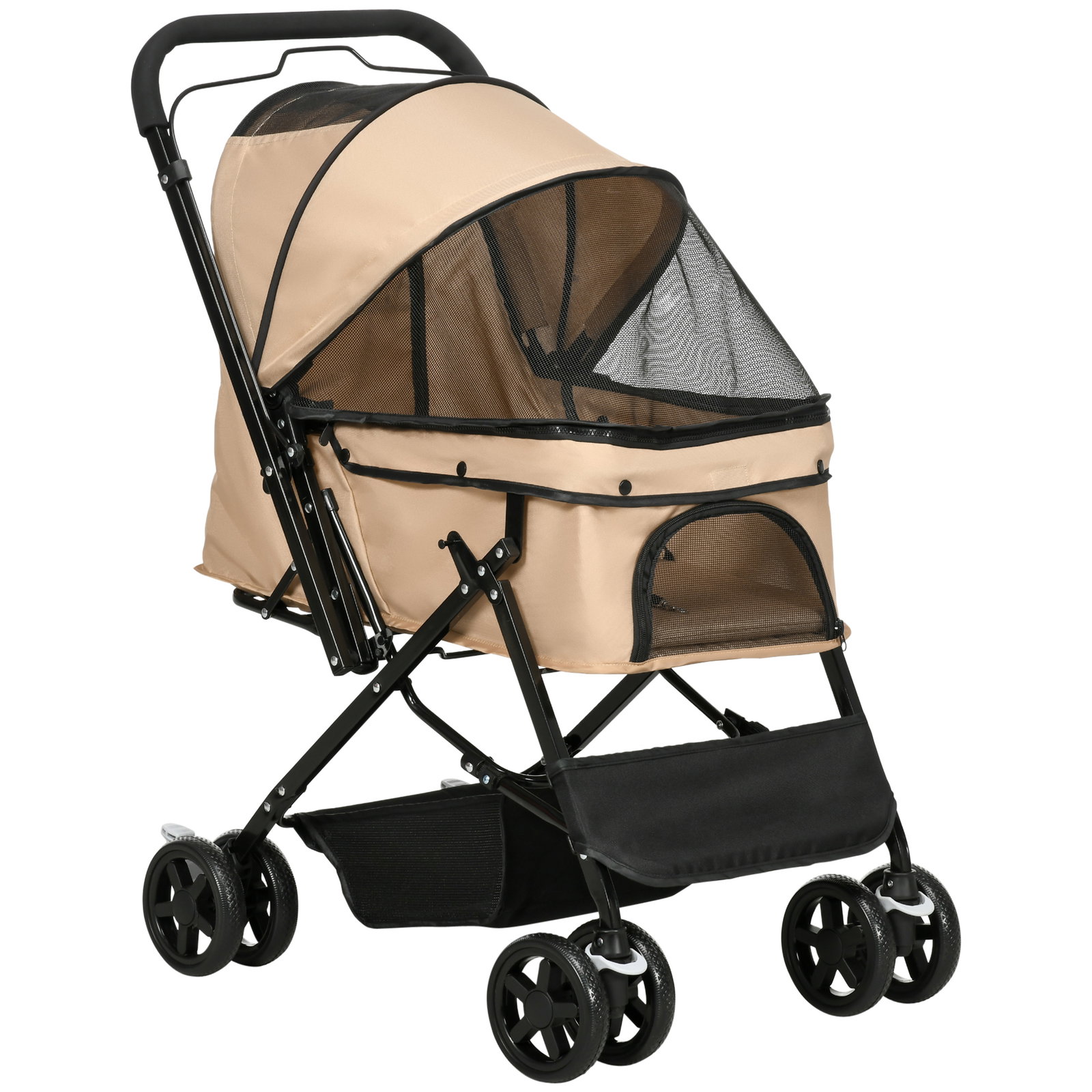 Carrinho para animais de estimação dobrável com cesta de armazenamento cinto de segurança 76,5x52x95 cm marrom claro