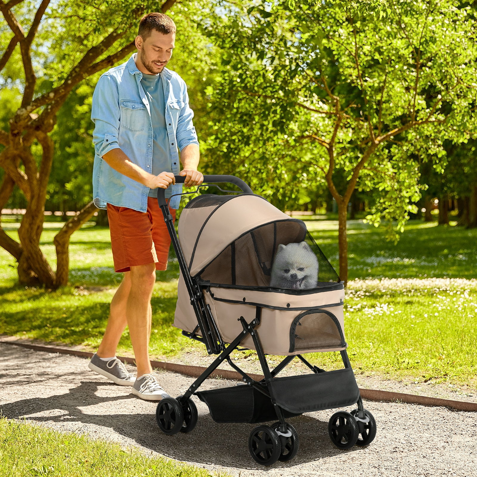 Carrinho para animais de estimação dobrável com cesta de armazenamento cinto de segurança 76,5x52x95 cm marrom claro