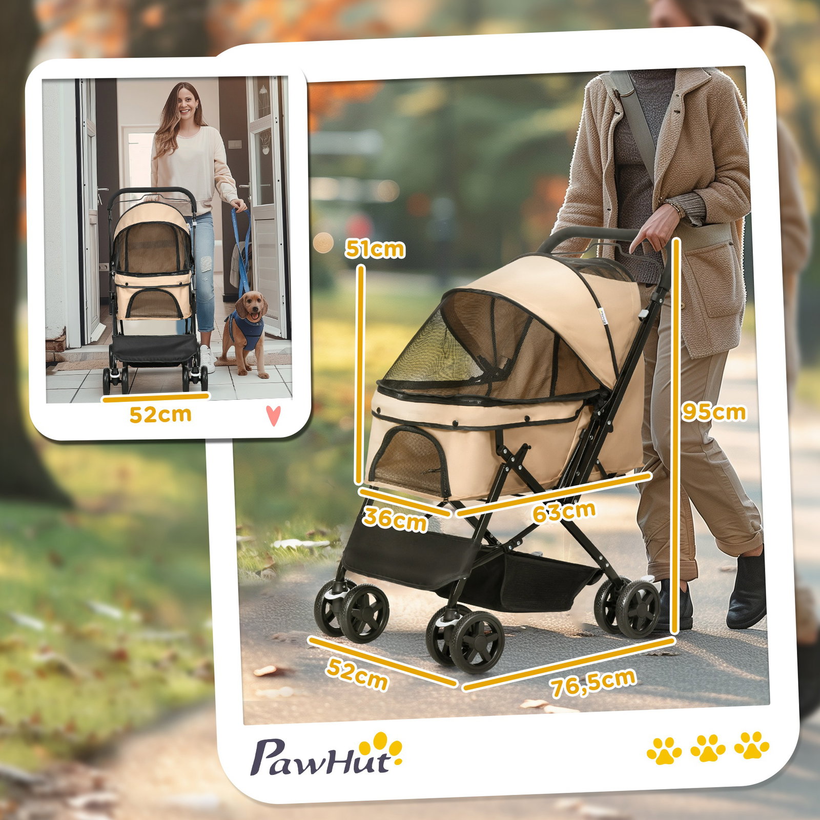 Carrinho para animais de estimação dobrável com cesta de armazenamento cinto de segurança 76,5x52x95 cm marrom claro